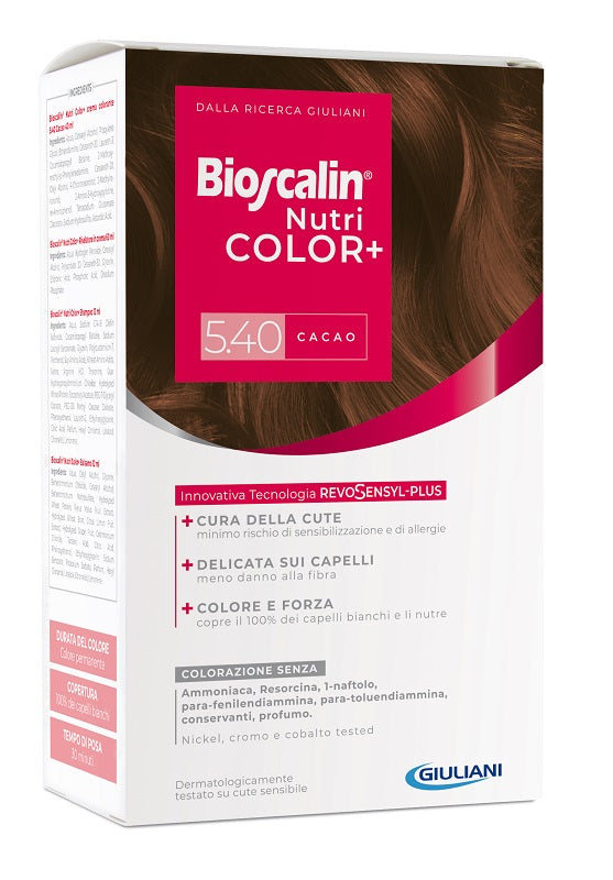 BIOSCALIN NUTRICOLOR PLUS 5;40 CACAO CREMA COLORANTE 40 ML +RIVELATORE CREMA 60 ML + SHAMPOO 12 ML + TRATTAMENTO FINALEBALSAMO 12 ML