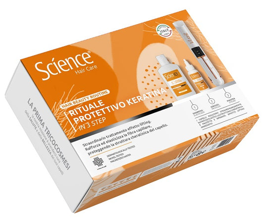 BOX SCIENCE RITUALE PROTETTIVO KERATINA 1 SHAMPOO RISTRUTTURANTE ELASTICIZZANTE 200 ML + 2 TRATTAMENTO PROTETTIVO KERATINA 75 ML + 1 PIASTRA CORDLESS KLARA OMAGGIO