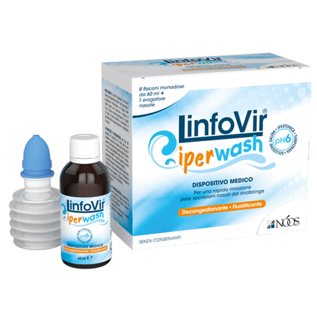 Linfovir Hyperwash Solution Saline Hypertonique Tamponnée 8 Flacons De 60 Ml + 1 Pulvérisateur Nasal