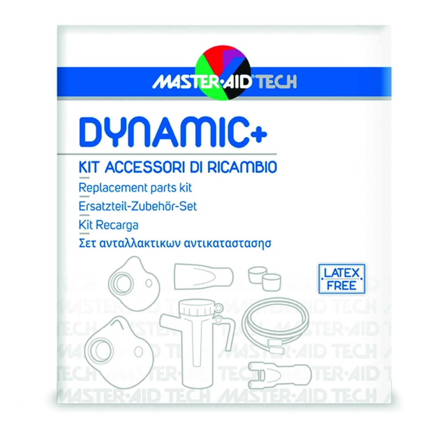 Master Aid Tech Dynamic+ Kit Accessori Di Ricambio Ampolla +Maschera Adulti + Maschera Bambini + 2 Filtri Aria + Boccaglio + Forcella Nasale + Tubo Raccordo Pvc