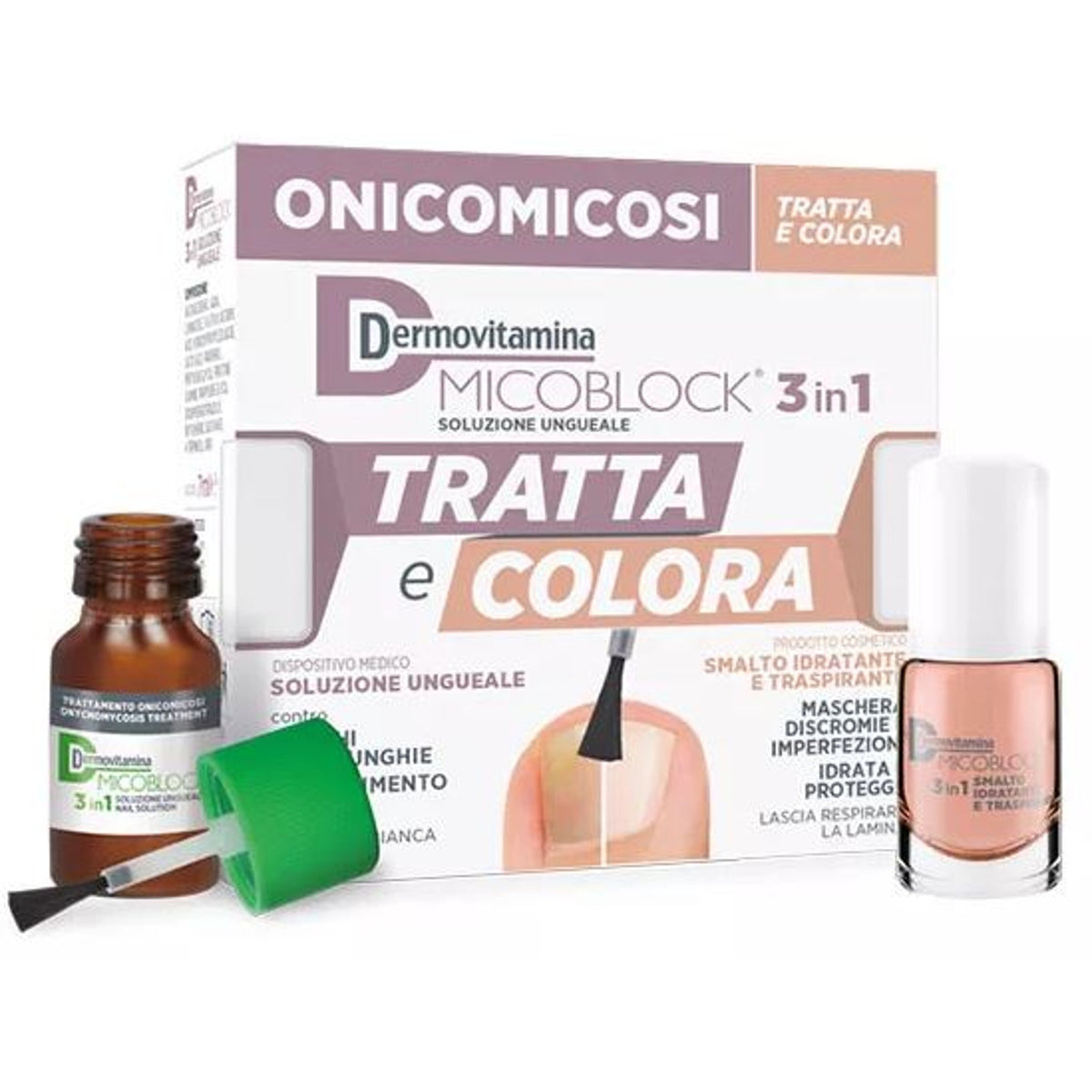 Dermovitamina Micoblock 3 In 1 Treats And Colors Nail Solution 7 Ml + Hydrating Breathable Nail Polish 5 Ml