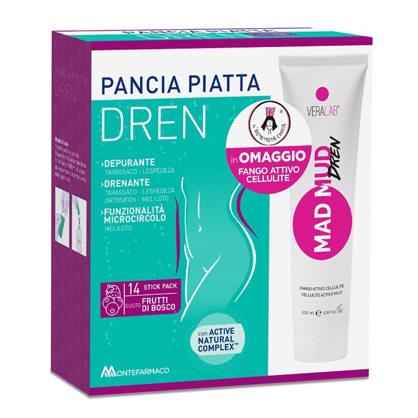 Pancia Piatta Dren Frutti Di Bosco 14 Bustine Stick Pack + Fango Attivo Cellulite 100 Ml Omaggio
