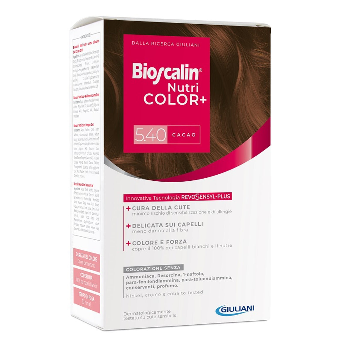 Bioscalin Nutricolor Plus 5,40 Cacao Crema Colorante 40 Ml +Rivelatore Crema 60 Ml + Shampoo 12 Ml + Trattamento Finalebalsamo 12 Ml