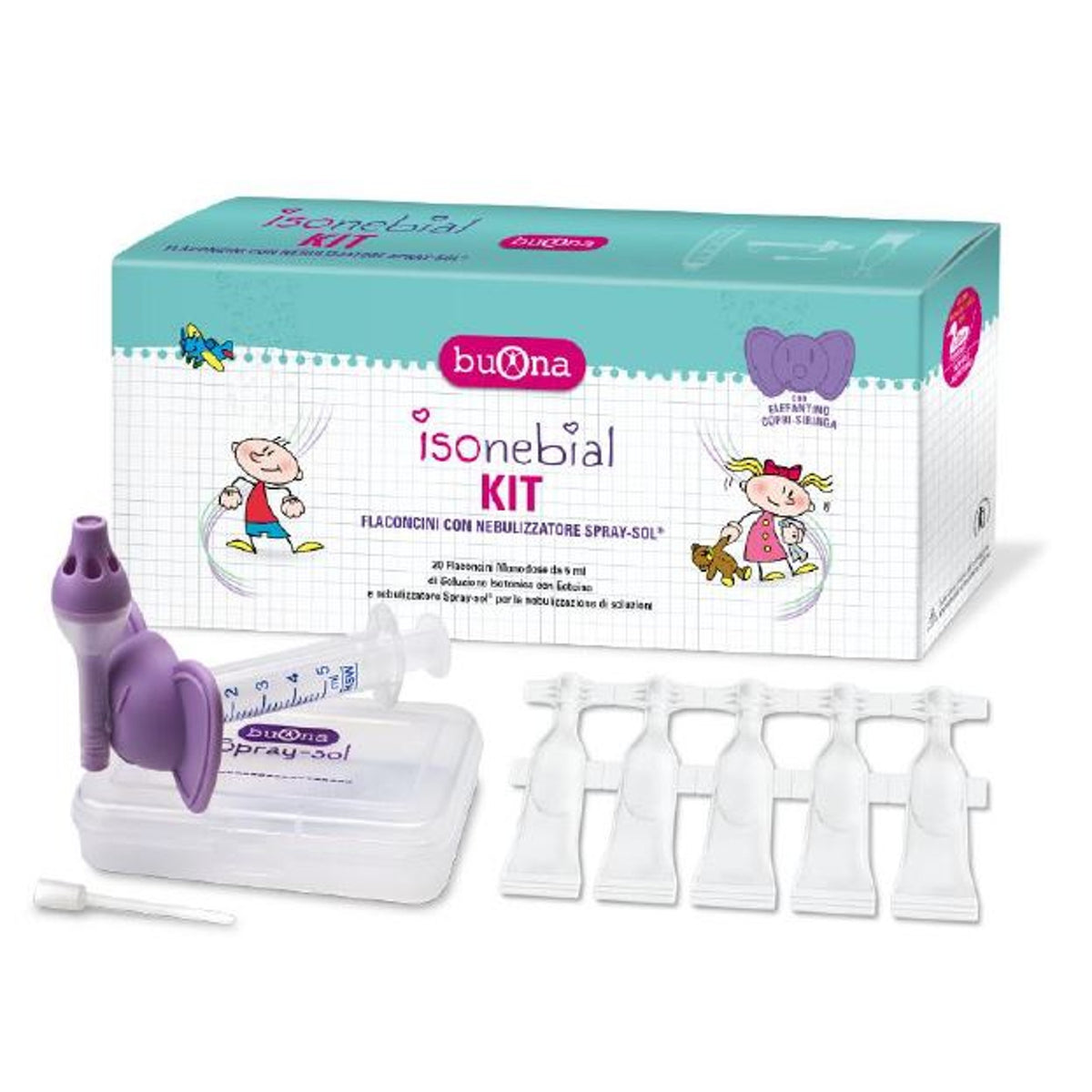 Isonebial Nasal Cavity Cleaning Kit 20 Single-Dose Vials 5ml + Luer Lock Soft-Jeck Syringe + Cannula Needle + Spray Nebulizer